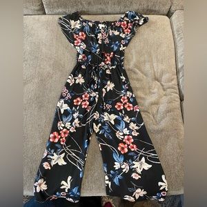 Black floral off shoulder jumpsuit with tie